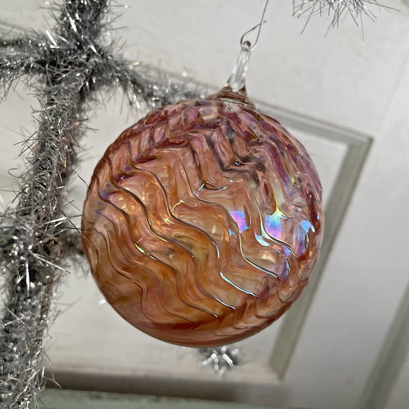 Hanging Art Glass Friendship Ball Ornament Pink Swirl Textured Iridescent Gazing - Picture 4 of 7